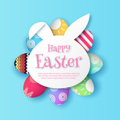 Happy Easter, with paper rabbit bunny shape frame. 3d easter egg on soft blue background. vector illustration.