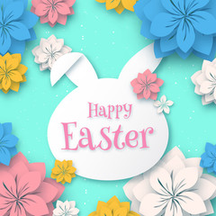 Happy Easter, 3d paper rabbit bunny shape frame with paper cut coloful flower on soft blue background. vector illustration.