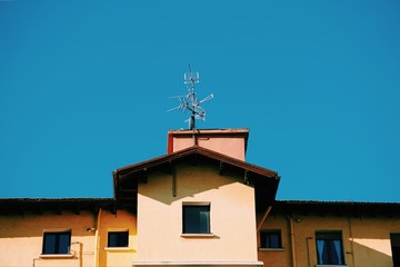 television aerial on the building rooftop in the city. Bilbao, Spain,