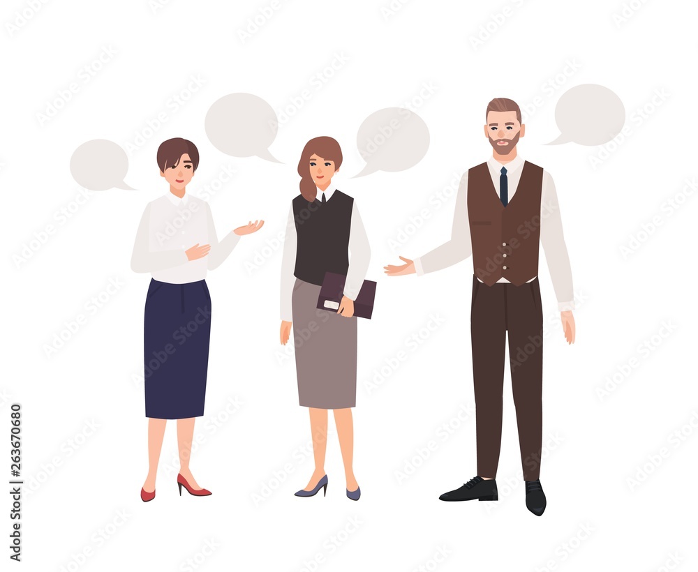 Poster Group of office workers or colleagues talking to each other and speech bubbles. Dialog between clerks. Professional conversation at work, formal negotiation. Flat cartoon vector illustration.