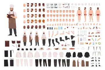 Chef, cook or kitchen worker constructor set or creation kit. Bundle of body parts, facial expressions, postures, uniform. Male cartoon character. Front, side, back views. Flat vector illustration.