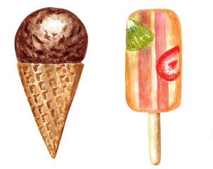 Watercolor ice-cream set.Hand drawn illustration on a white background.