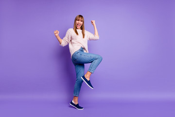Fototapeta na wymiar Full length body size view portrait of her she nice-looking attractive winsome lovely cheerful cheery straight-haired lady having fun isolated on bright vivid shine violet purple background