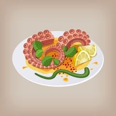 Octopus with lemon on a plate. Vector illustration