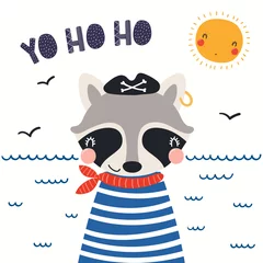Poster Illustrations Hand drawn vector illustration of a cute raccoon pirate, with sea waves, seagulls, lettering quote Yo ho ho. Isolated objects on white background. Scandinavian style flat design. Concept kids print.