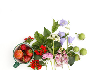 Summer colorful flowers with strawberries in a cup and young apples