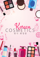 Korean flat cosmetics. K-Beauty banner with hand draw doodle background. Skincare and Makeup. Vector Illustration.