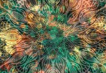Abstract mandala graphic design and watercolor digital art painting for ancient geometric concept...