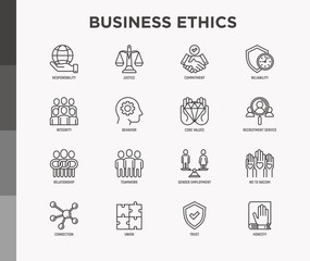 Business ethics thin line icons set: connection, union, trust, honesty, responsibility, justice, commitment, no to racism, teamwork, gender employment, core values. Modern vector illustration.