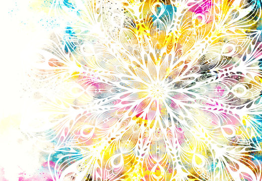 Abstract mandala graphic design and watercolor digital art painting for ancient geometric concept background