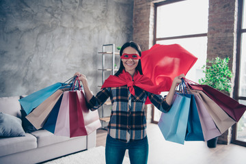 Close up photo beautiful she her superpower lady comics costume strong hands arms hold carry many...