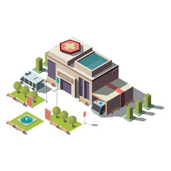 Vector 3d isometric hospital with parking. Helicopter landing strip for ambulance vehicle, aircraft. Territory with green trees. Cartoon clinic exterior, town infirmary. Medic office with garage.