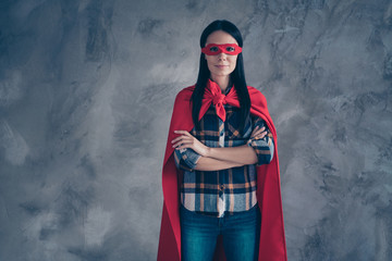 Close up photo beautiful fearless she her superpower lady comics costume heroine women equal rights concept strong hands arms together wear red eye mask mantle home room loft apartment flat indoors
