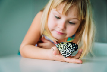 Little girl looking at butterfy, child explore insects