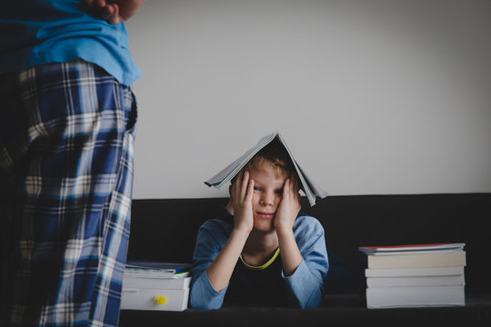 Angry Parent And Stressed Boy, Kid Tired Of Doing Homework