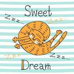 Sleeping red cat on a striped background. Nice style. Vector. © Olga