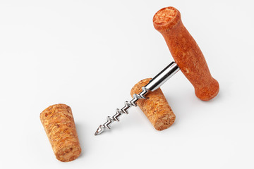 corkscrew and wine cork isolated on white background