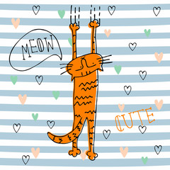 Red funny cat in cute style on striped background. Vector. © Olga