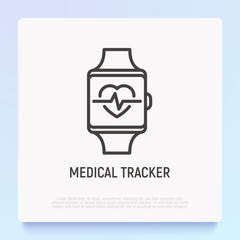 Smart watch with heartbeat thin line icon: medical tracker. Modern vector illustration.