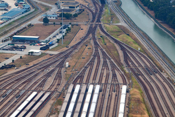 aerial view over train tracks