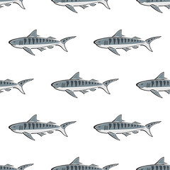 Tiger shark character abstract hand drawn vector seamless pattern. Simplified color illustration. Ocean blue. Sea animal curve paint sign. Doodle sketch. Element for design, wallpaper, fabric print.