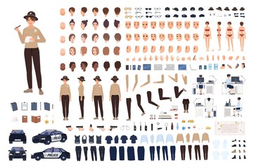 Policewoman constructor set or animation kit. Collection of female police officer body parts, gestures, postures, clothes or uniform isolated on white background. Flat cartoon vector illustration.