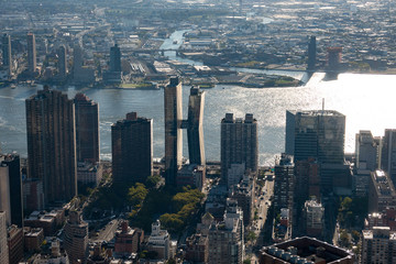 Fototapeta premium Amazing aerial panoramic view of Manhattan wit sunset