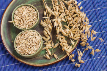 Reap of oats  and bowl with grain on a green plate.  Blue background. Top view.