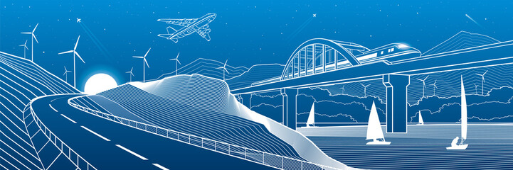 City infrastructure industrial and transport illustration panorama. Train travels along  railway bridge over river. Automobile road in mountains. White lines on blue background. Vector design art