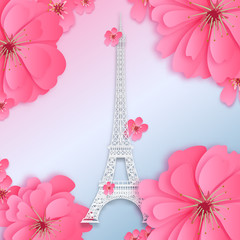Fototapeta na wymiar Eiffel tower. paper cut vector design with pink flower and soft Paris, France flag background color
