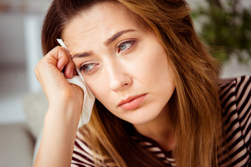 Close up photo frustrated disappointed lady had dilemma trouble sorrow hopeless allergy allergic...