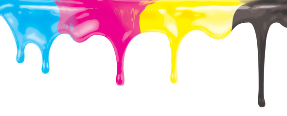 CMYK ink color paint dripping isolated on white with clipping path included - obrazy, fototapety, plakaty