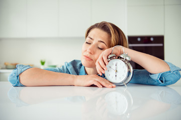Portrait of cute pretty freelancer  overworked cant wake up sleep kitchen sleepless night suffer...