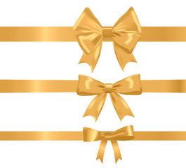 Gold realistic different ribbon bows set, vector illustration