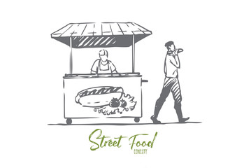 Hot dog, fast food, kiosk, street concept. Hand drawn isolated vector.
