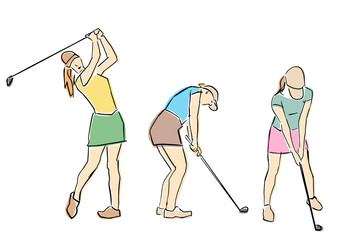 Set of slim golfer girls in short skirts. Female golf player in different poses. Vector flat illustration. Isolated black contour and colors. Hand drawn silhouette. Active recreation. Sketch style.