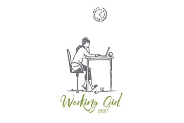 Working, girl, freelance, laptop, home concept. Hand drawn isolated vector.