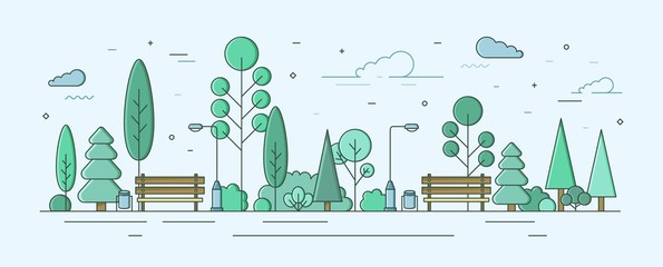 City park or garden with trees, bushes and street facilities. Outdoor recreational area or zone. Creative colorful vector illustration in modern linear style for urban public location planning. - obrazy, fototapety, plakaty