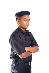 Young Asian man in policeman officer outfit isolated on white background. Copy space.