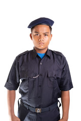 Young Asian man in policeman officer outfit isolated on white background. Copy space.