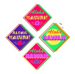 Set of neon colorful summery print with Aloha Hawaii lettering, palm leaves, hibiscus and sun for T shirt, labels, tag, bag