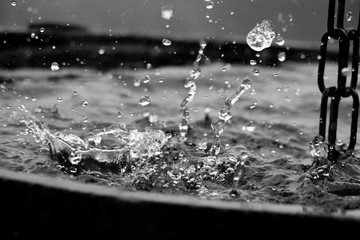 black and white of rain is falling in a wooden barrel full of water in the garden