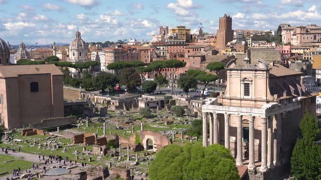 Panoramic view in the Roman Forum on a sunny day. Rome, Italy.