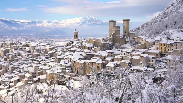 Panoramic view of Pacentro covered in snow during winter season. Abruzzo, Italy.