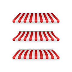 Realistic set of striped red and white awnings. Tents or textile roofs for retail shop. Vector illustration isolated on white background