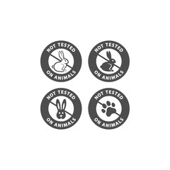 Not tested on animals vector sticker label set. No animal testing badge for cosmetics packaging with rabbit and dog paw.