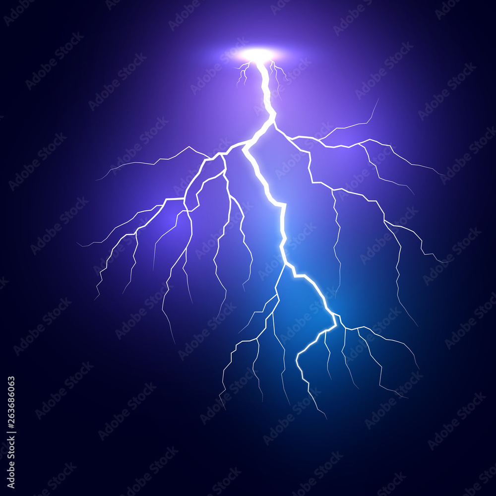 Poster lightning. thunder storm realistic lightnings. vector illustration isolated on dark background
