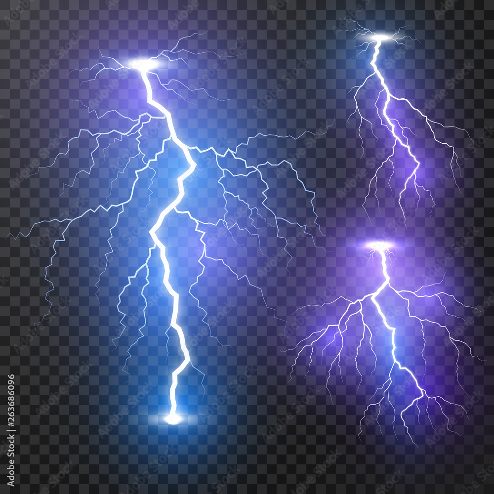Poster lightning. thunder storm realistic lightnings set. magic and bright light effects. vector illustrati