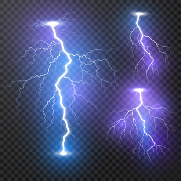 Lightning. Thunder storm realistic lightnings set. Magic and bright light effects. Vector Illustration isolated on transparent background