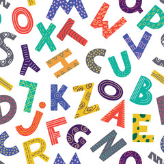 Seamless pattern with color letters. Kid alphabet. Can be used on packaging paper, fabric, background for different images, etc. White background.